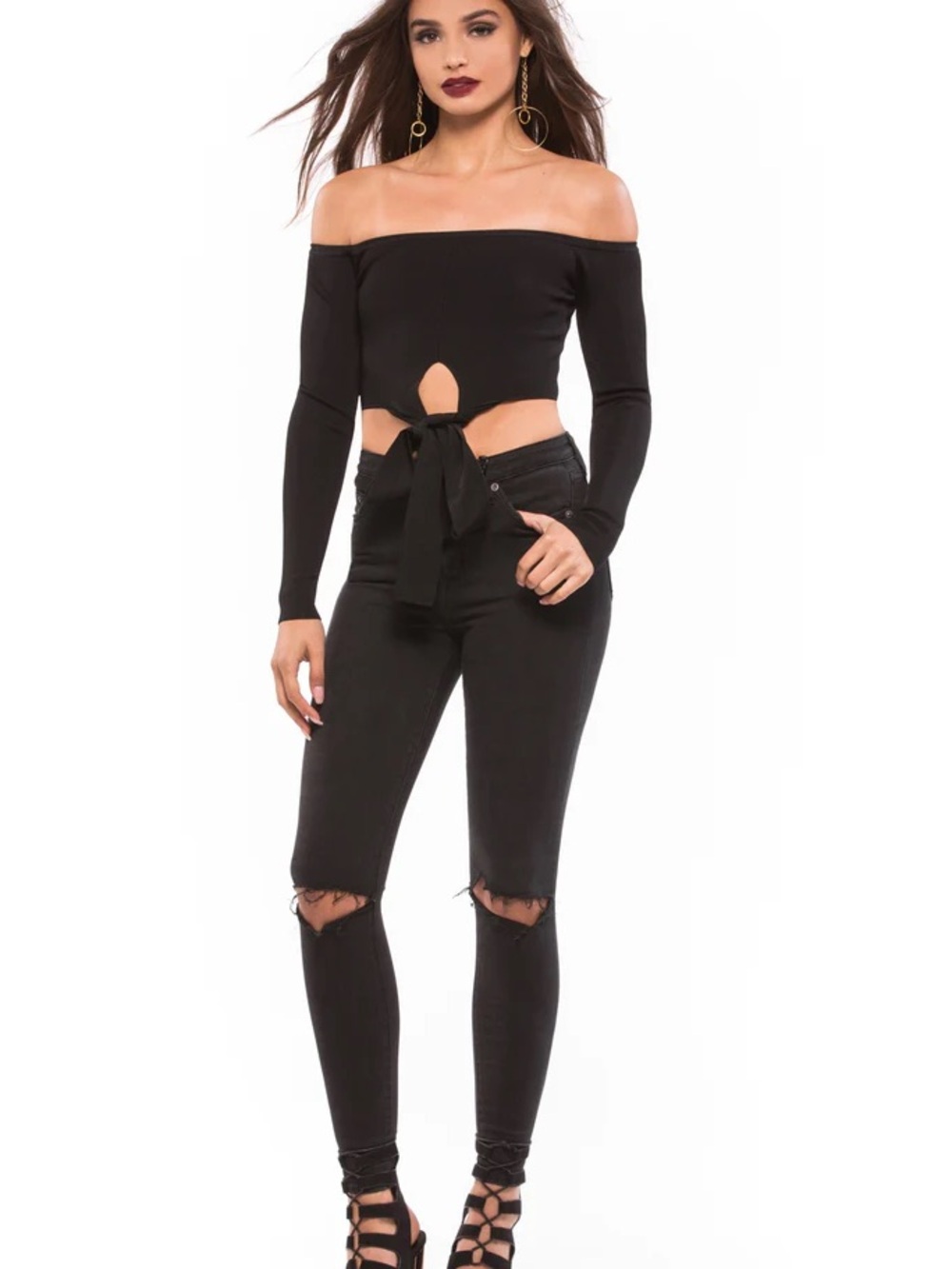 NBD Black Off-Shoulder Tie-Front Crop Top
